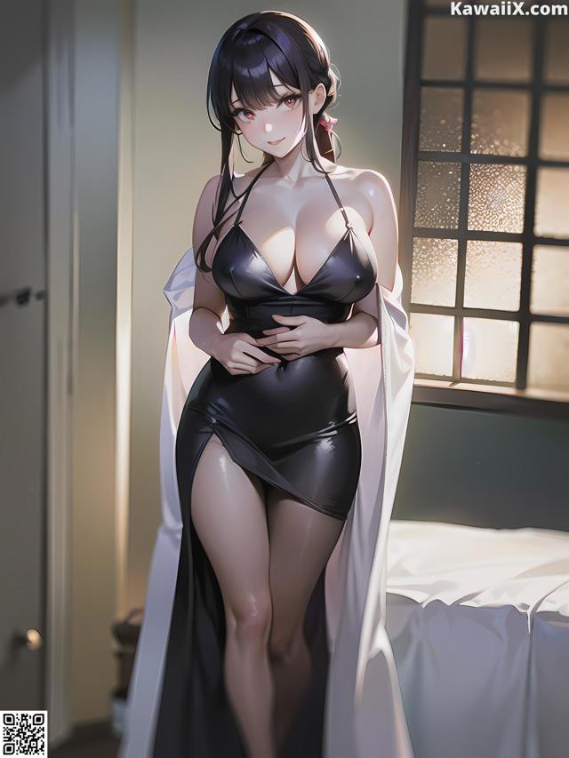 A woman in a black dress standing in front of a window.