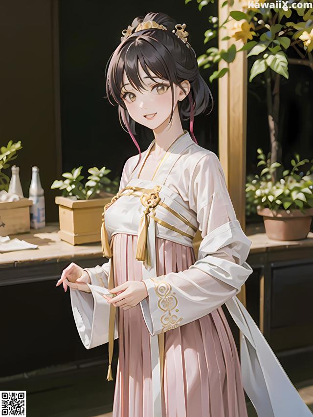 A woman in a pink dress standing in front of a table.