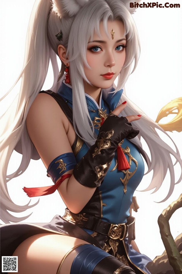 A woman with long white hair sitting on a tree branch.