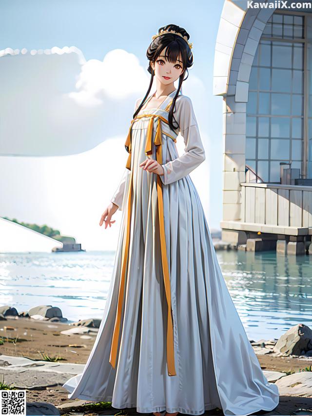 A woman in a long white dress standing by the water.